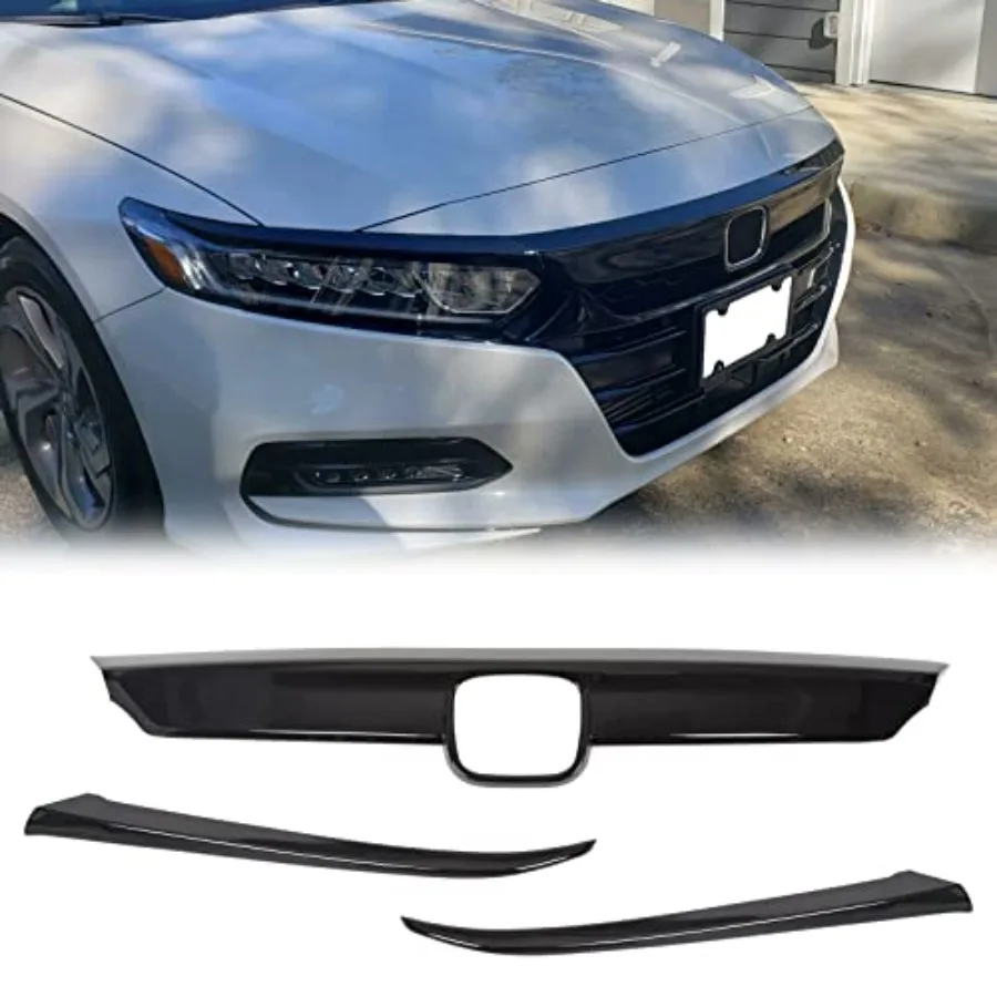 

Front Grille and Eyelid Cover Set Compatible With 2018-2020 Honda 10th Accord Sedan 4DR ABS Glossy Black Lip Bumper Upper Grill