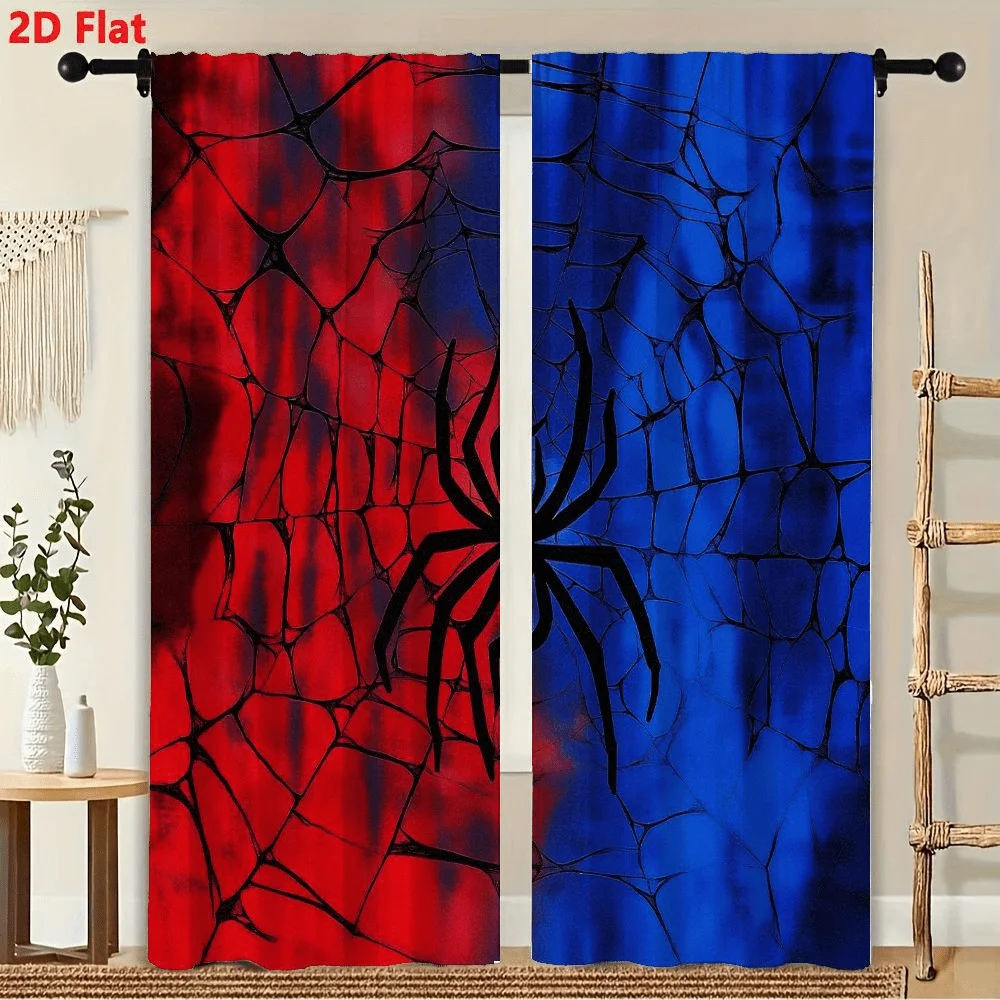

2Pcs Curtains Black Spider On Red And Blue Background Window Drapes for Bedroom Room Decor Decoration Window Treatment.