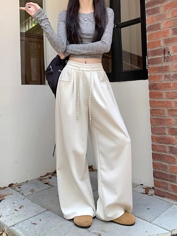 New Autumn Women Sweatpants High Waist Drawstring Wide Leg Trousers Loose Casual Pocket Long Pants Soft Elastic Joggers Female S
