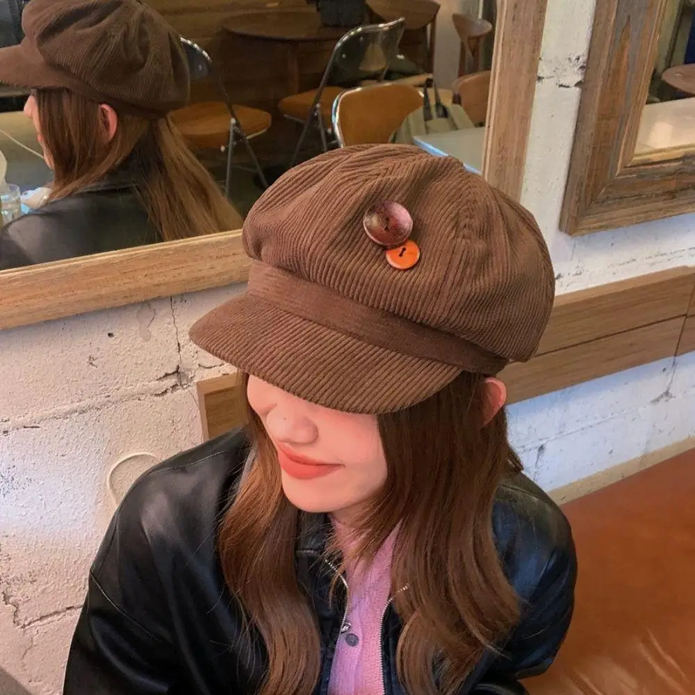 Boina de pana con doble botón, gorro de periódico para mujeres y niñas, gorros octogonales cálidos a prueba de viento para otoño e invierno, sombrero de pintor coreano informal