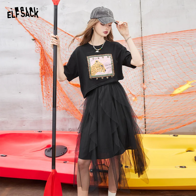 

ELFSACK 2024 Summer New Arrivals Black printed mesh tulle skirt T-shirt dress two-piece suit for women