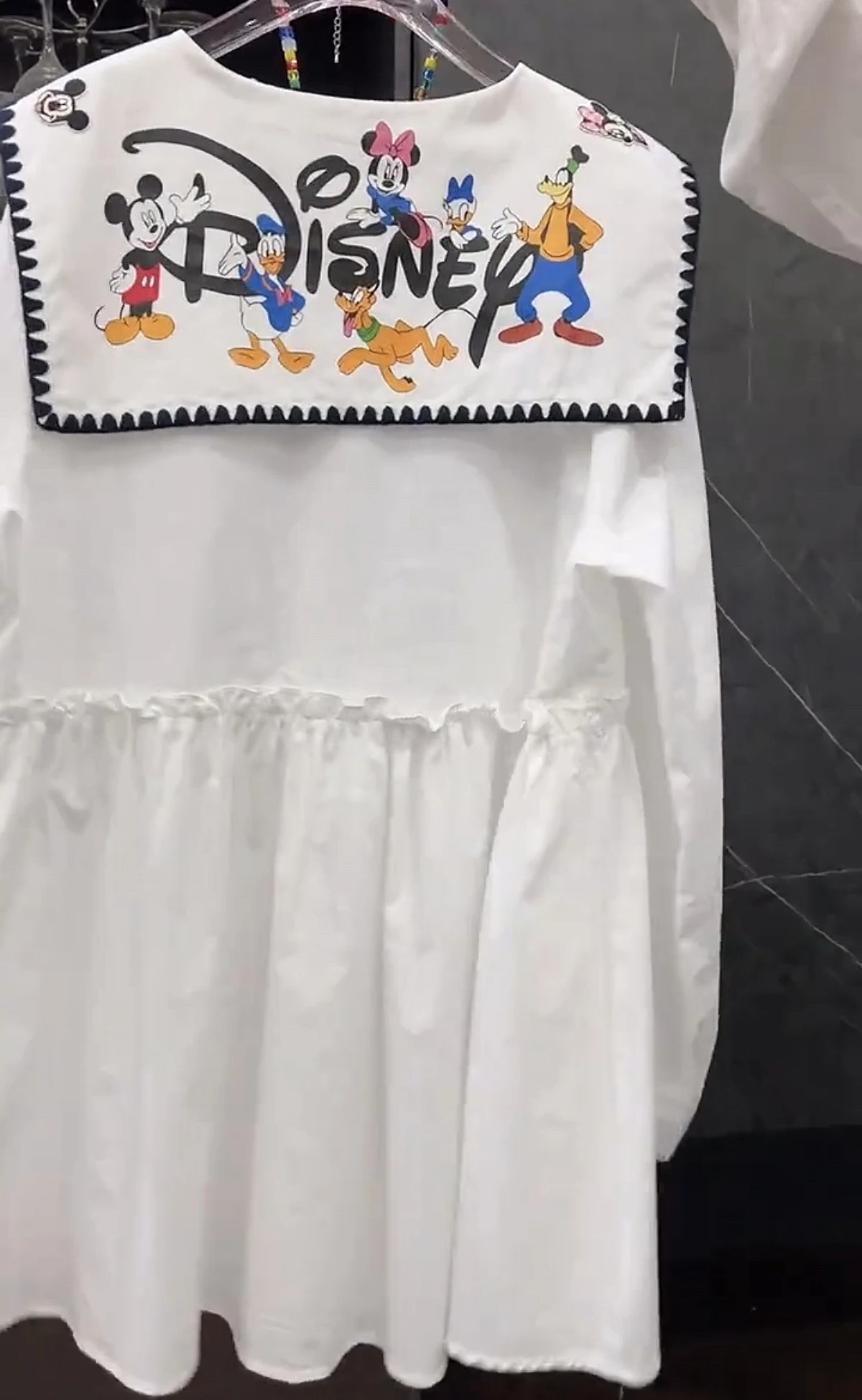 

2025 New Autumn Embroidery Cartoon White Long Sleeve Shirt Dress Women Cute Navy Collar Single-breasted Loose Blouses Cotton Top