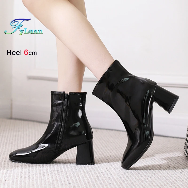 

Glossy Patent leather Black Short Boots Woman 6CM Chunky High Heel Winter Fashion Square Head Booties Side Zippper Female Shoes