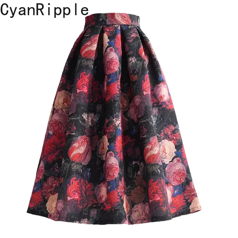 2026 New Autumn Winter Vintage Flowers Printed A-line Puffy Skirt All-match High Waist Elegant Mid-length Women Woolen Skirts