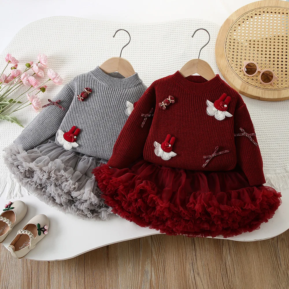 New Autumn Winter Cute Baby Girls Korean Style Knit Two Piece Set, Knit Pullover Matching Princess Tulle Tutu Skirt Outfit