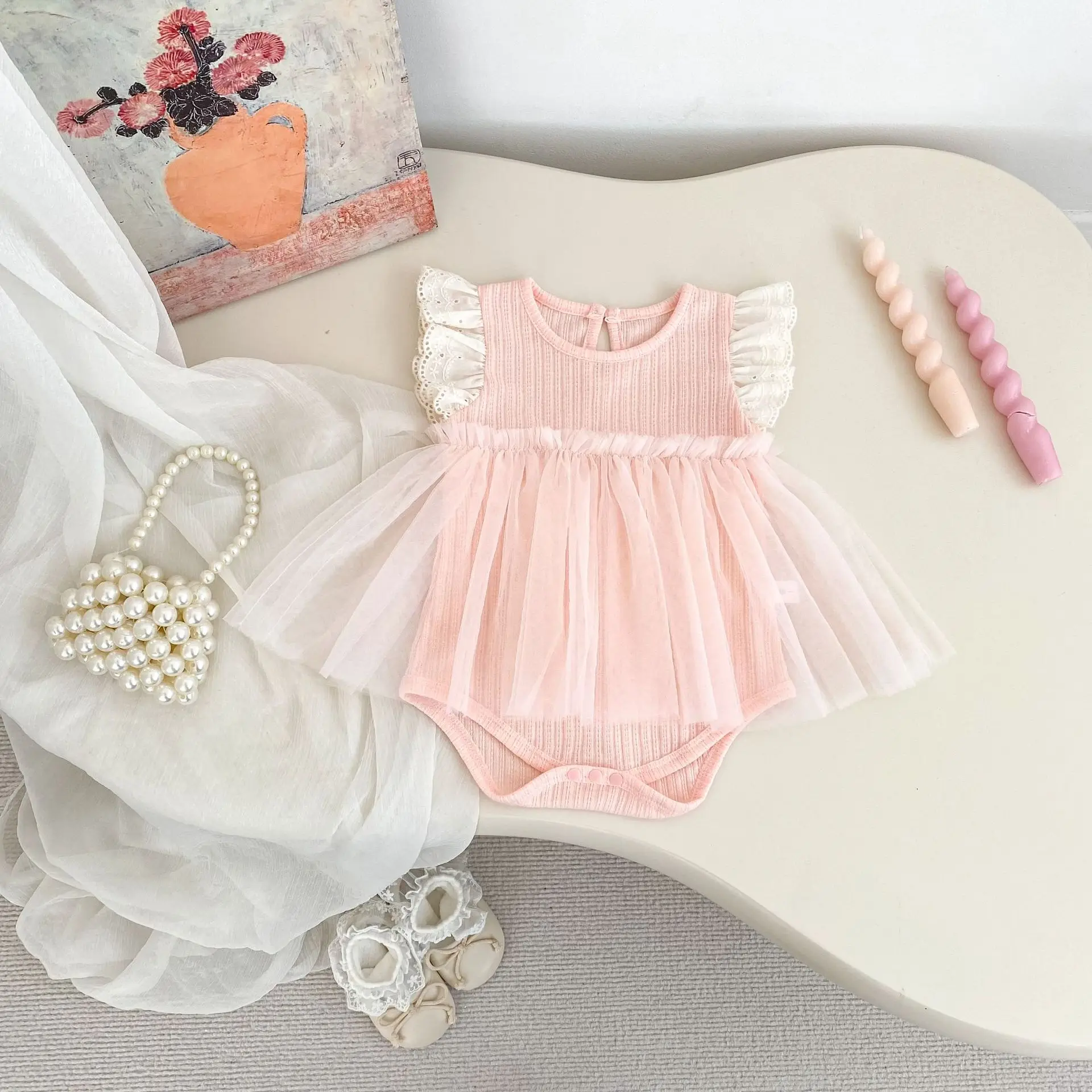 2026 New Baby Lace Flared Sleeve Netting Bodysuit Summer Sweet Princess Dress for Girls Crawling Outfits