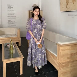 Summer Women Gentle Flower Printing Dress Lady Elegant Korean Purple Long Dress Female Soft Seaside Vacation Short Sleeved Dress