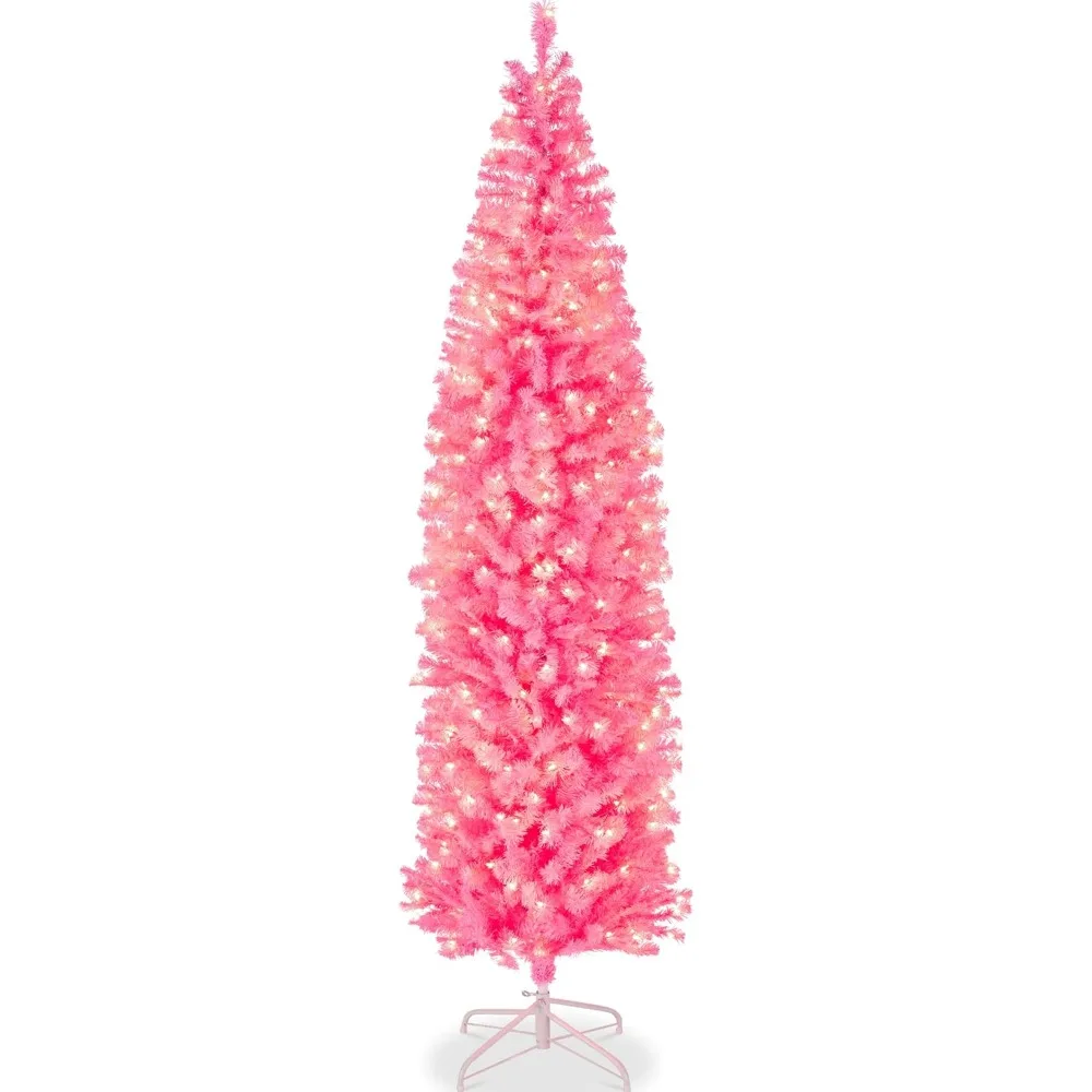 

Pre-Lit Pink Pencil Christmas Tree, 6ft Slim Lighted Artificial Décor w/Incandescent White Lights, Skinny Tree, Metal Base