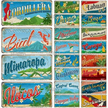 아티시안 필리핀 말레이시아 번호판 도시 금속 기호 랜드마크 장식, 차량 플레이트 벽 장식 차고 바 펍 클럽 