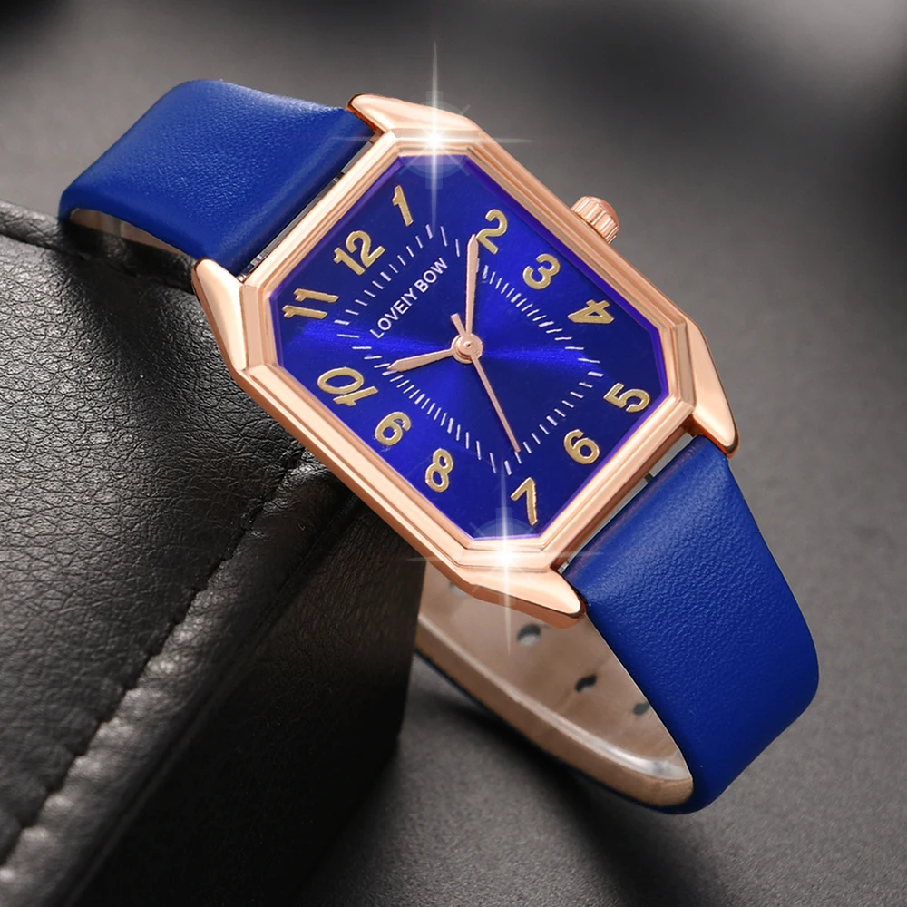 6PCS/Set Blue Women Watch Fashionable Rectangular Dial Quartz Wristwatch PU Leather Strap Watch Square Jewelry Set Gift For Mom