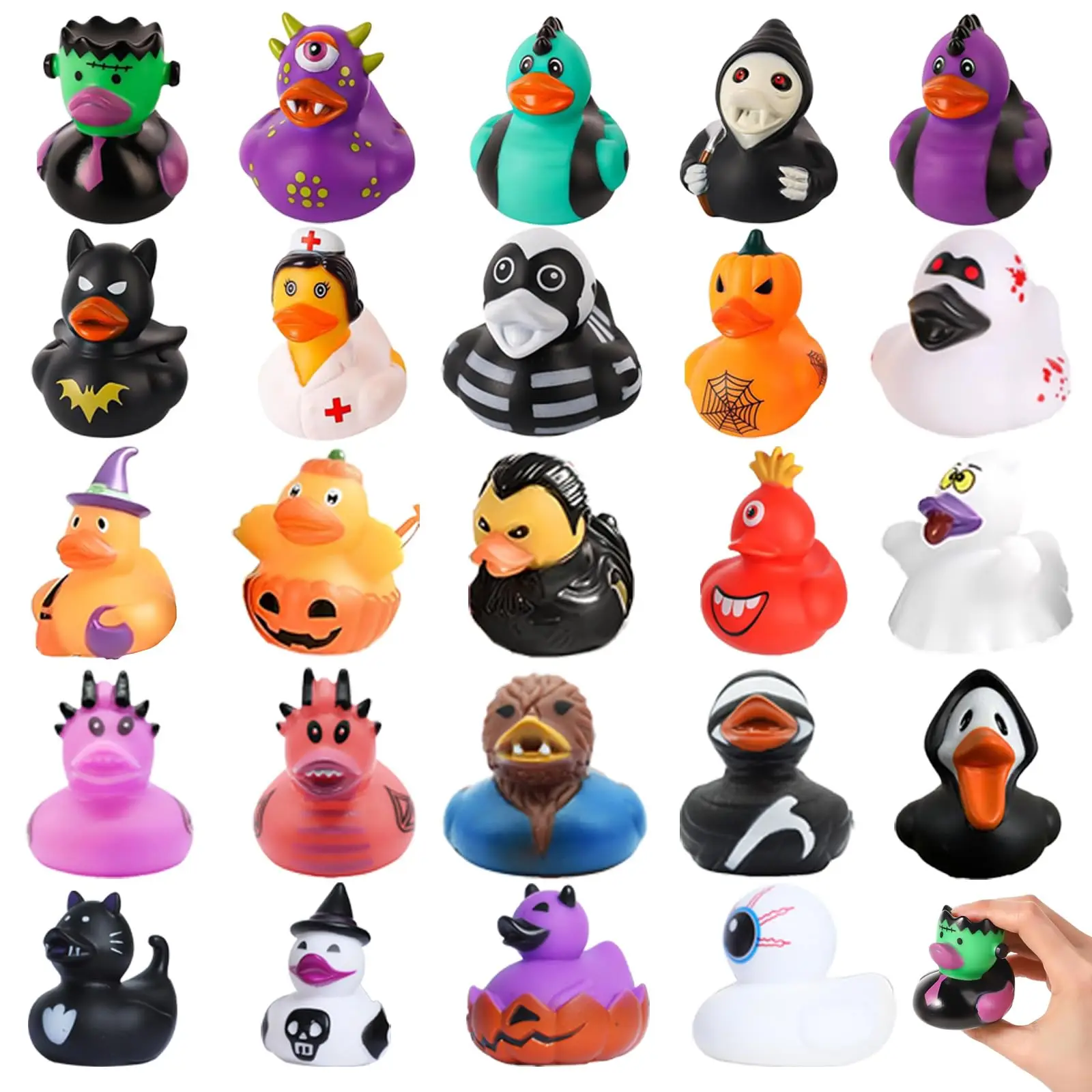 Pato de goma de 96 piezas para Halloween, pato de goma surtido de 2,5 pulgadas con varios personajes de Halloween, juguete novedoso para bañera