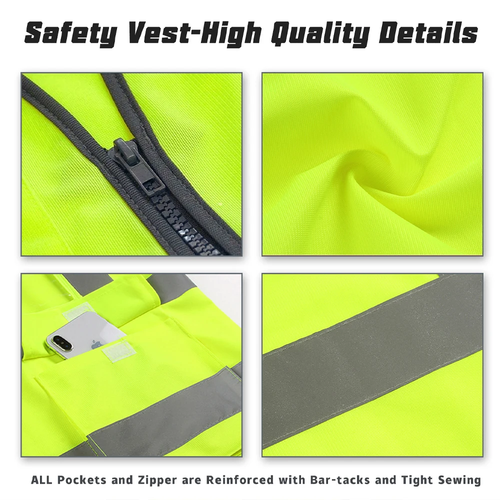 Custom LOGO Reflective Safety Vest with Pockets and Zipper High Visibility Security Protection Working Clothes Construction Vest