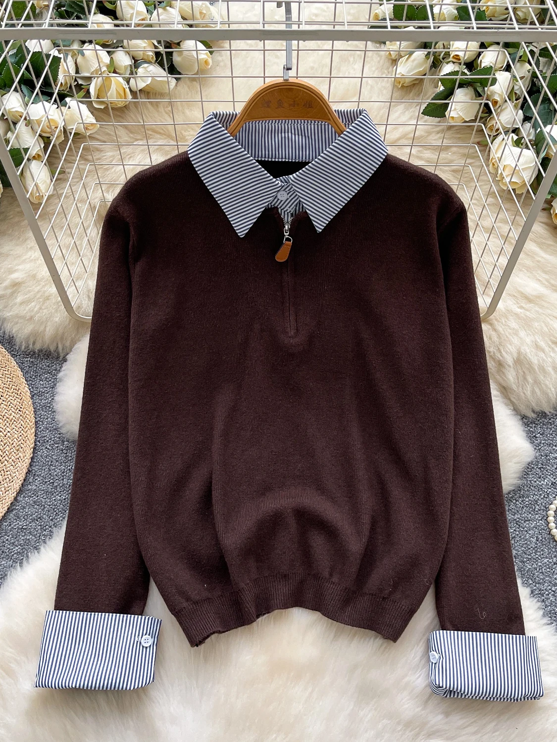 

Korean Sle Vintage Striped Collar Long Sve Knitted Loose Casual Base irt for Women Breathable Polyester Fiber