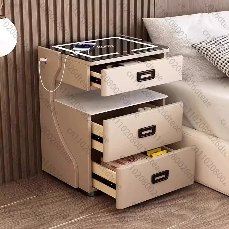 Modern Smart Storage Nightstand Combined Safe Box With Wireless Charging And Light For Home Bedroom Use