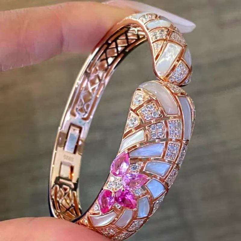 

KQDANCE New Design 925 Sterling Silver Natural Shell Pearl Pink Stone Cuff Bangle Bracelet Wedding Engagement Fine Jewelry Gift