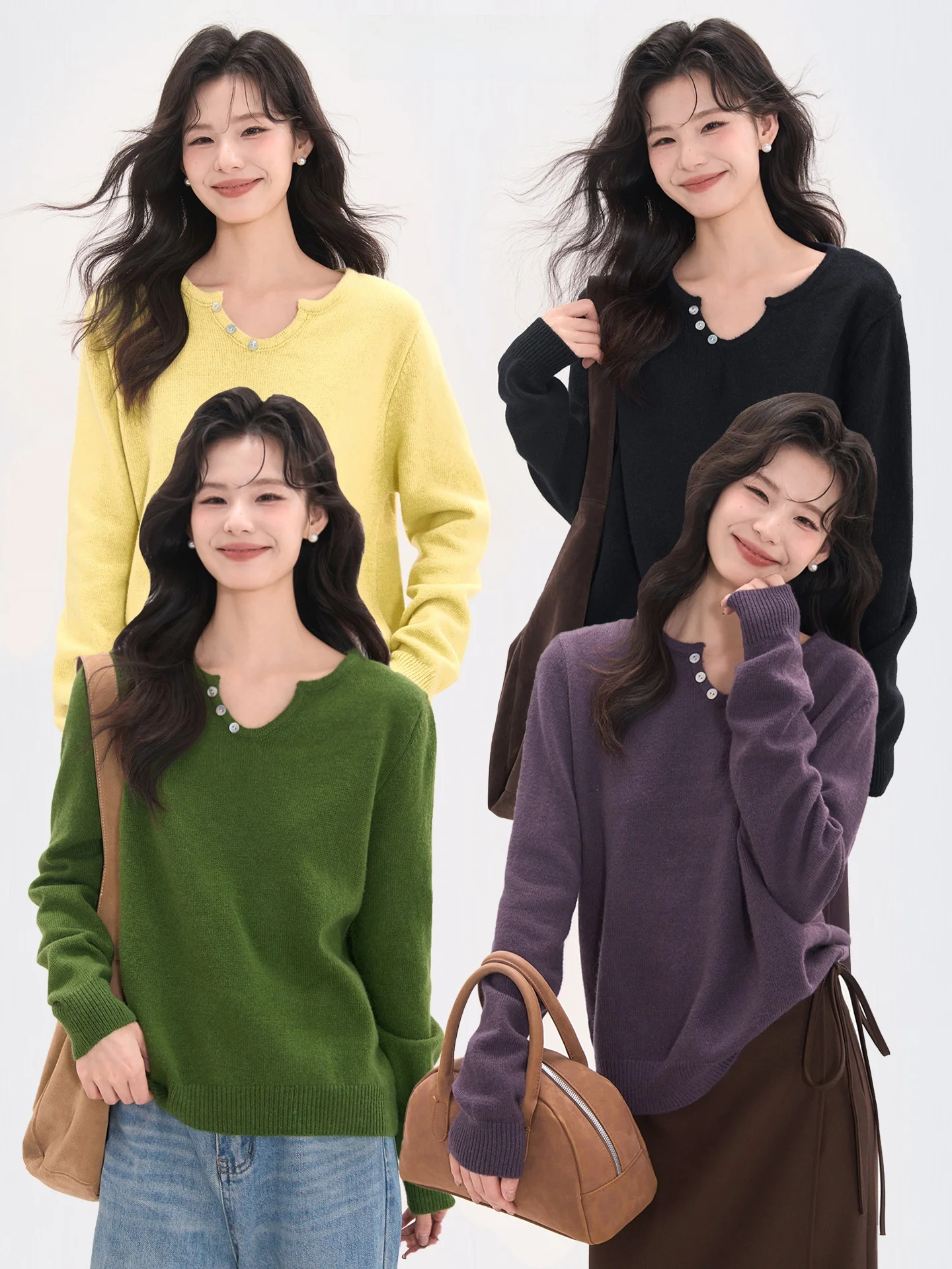 

Heme Knitted Sweater Women Casual Long Sve V-Ne ell Button Loose Fit Nylon Blend Comfortable Breathable Autumn Top