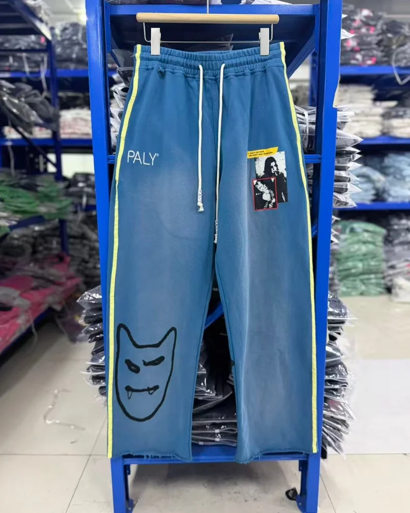 Washed Blue Paly French Terry Heavyweight Vintage Casual Streetwear Printed Knit Men's Women's Sweatpants