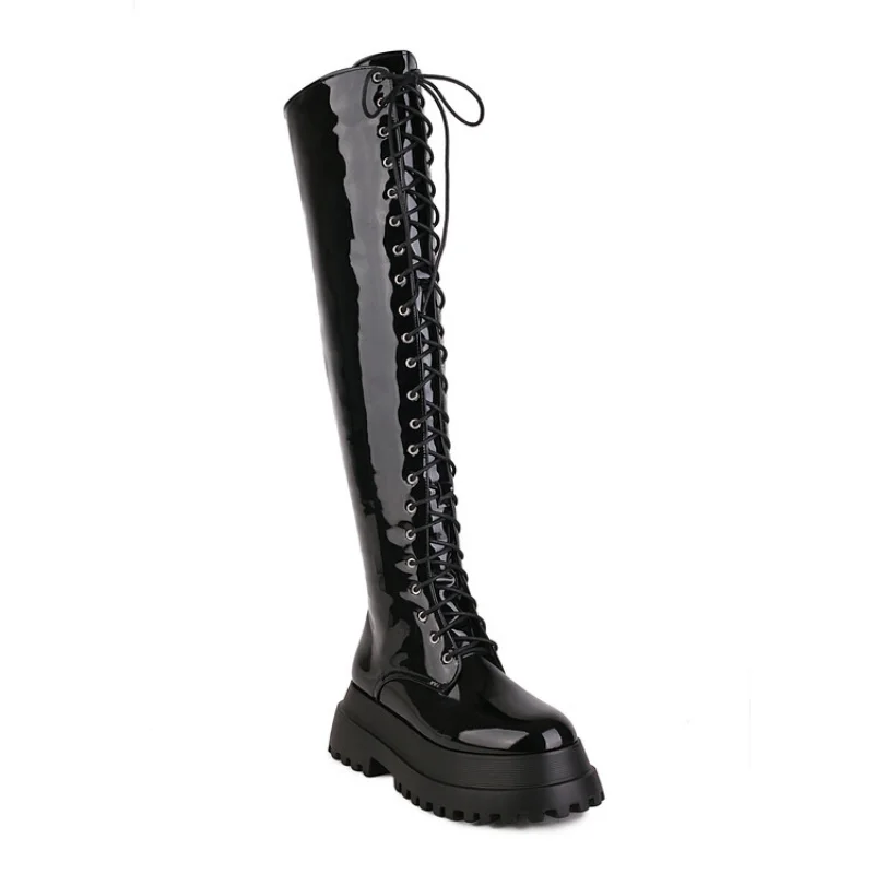 Over-the-Knee Lace-up Christmas womens fashion boots Big size Glossy fabric side zips Carnival boots waterproof boots women