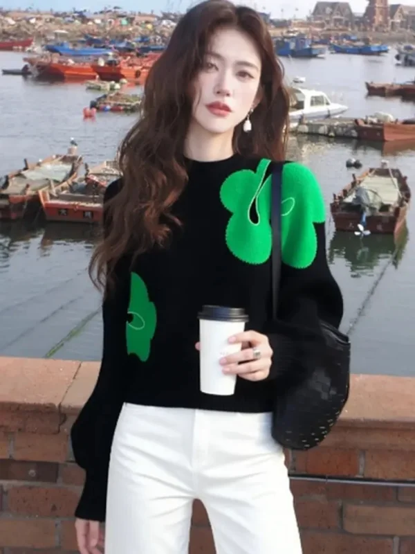 

Autumn Winter Knitted Sweater Women's Soft Cozy Sle Korean Loose Fit Long Sve Print Casual Commute Warmth Heating