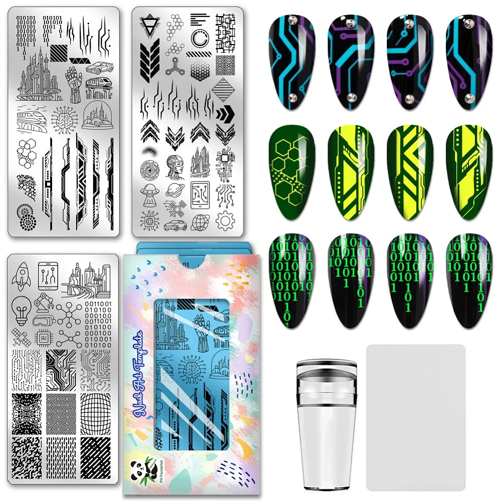 3pcs Sci-Fi Elements Nail Stamping Plates Punk City Nail Art Templates Sci-Fi Circuit Board Manicure Art Stencils Robotic