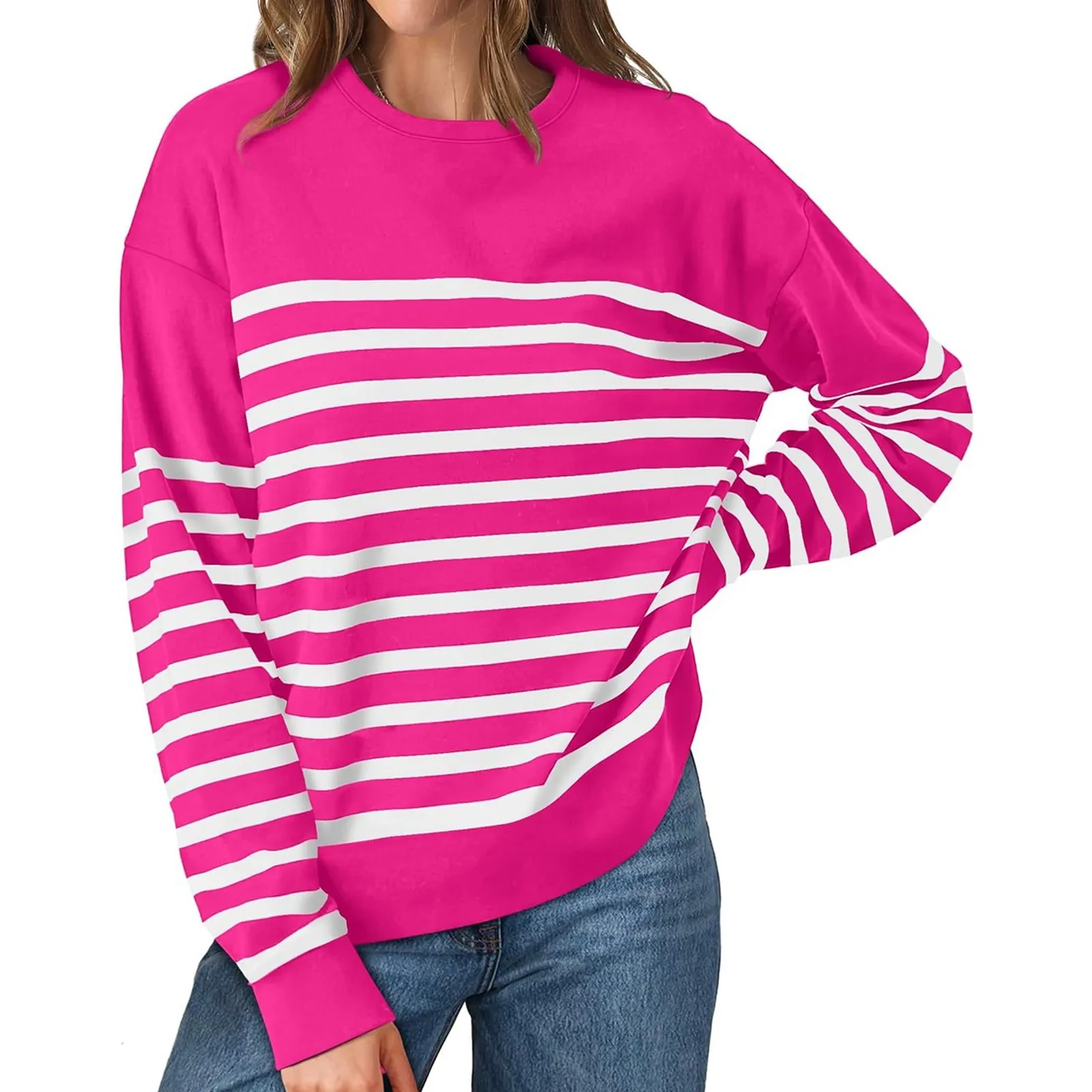 

Women's Casual Lightweight Long Sleeve Striped Crewneck Pullover Sweatshirt Fashion Top Fall Long Sleeve Shirts for Women