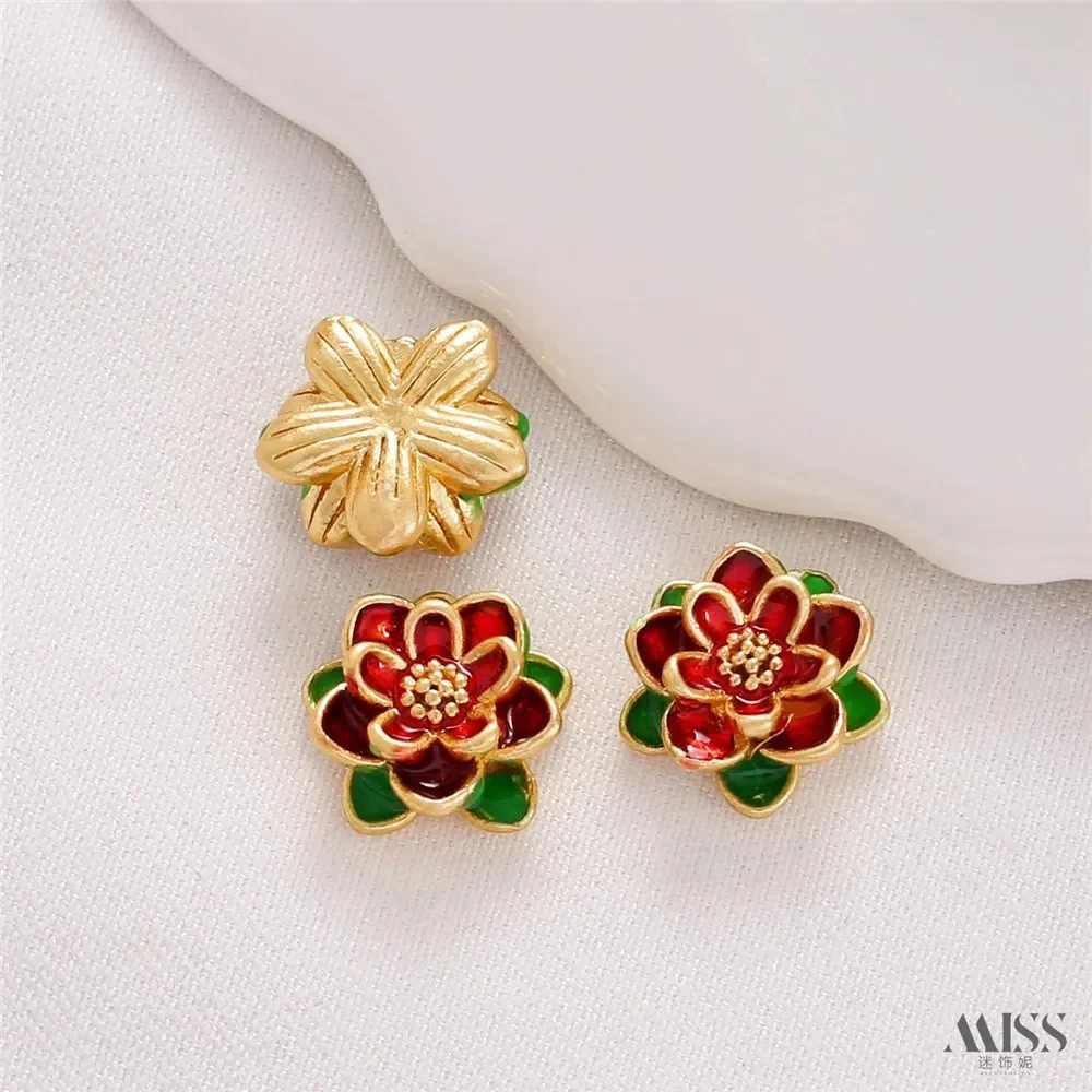 18K Gold Bag Color Matte Gold Oil Drop Burnt Blue Three-dimensional Lotus Through-hole Bead Diy Bracelet Jewelry Accessories view 6