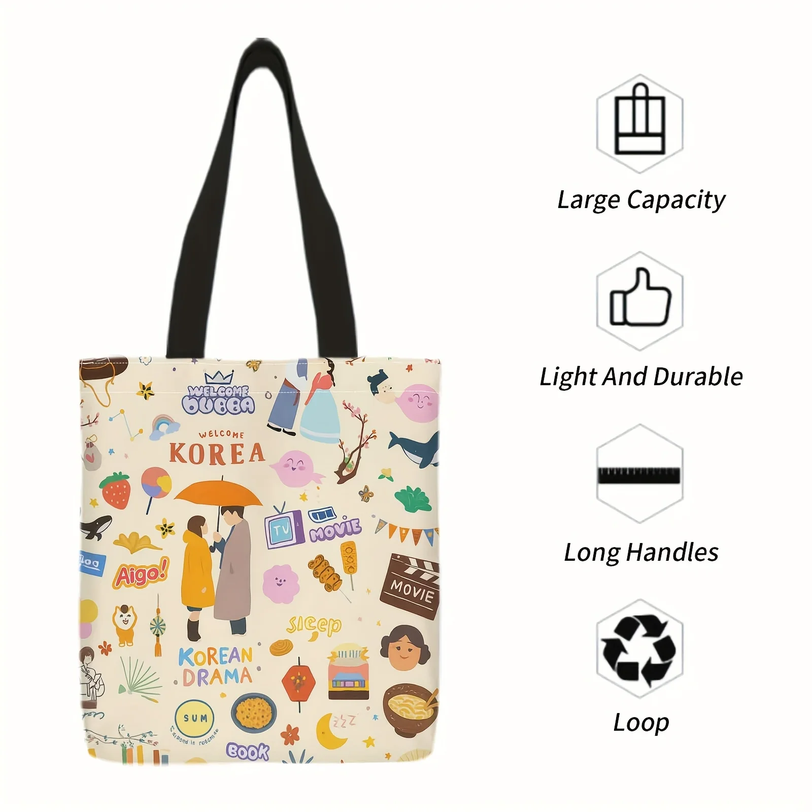 1pc Korean Drama-Inspired Tote Bag - Vibrant Cartoon Character Design, Durable Canvas, Open-Top, Machine Washable