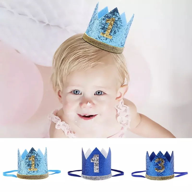 Baby 1st Birthday Party Hat Princess Crown Glitter Headband Kids Baby Boy Girl One Year Birthday Decoration Supplies Photo Props