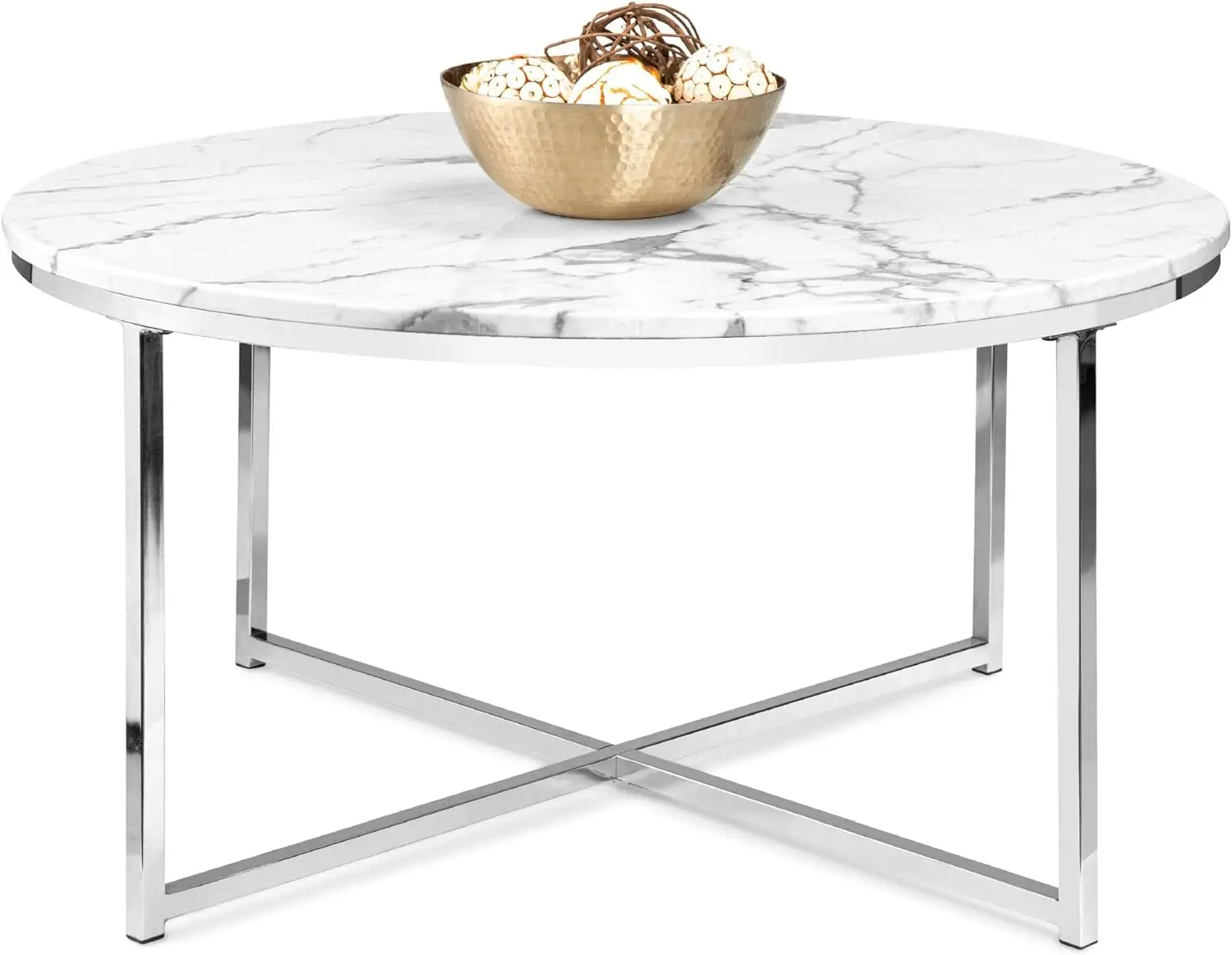 

36in Faux Marble Accent Table, Modern, Large End Table Home Decor for Living Room, Dining Room, Tea, Designer - White/Chrome