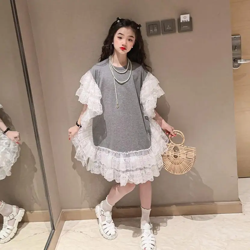 Korea Style Girl Dress Summer New Mesh Patchwork Princess Dress Puff Sleeve Gray Dress Teenage Clothes Kids Ruffles Dress Wz1155