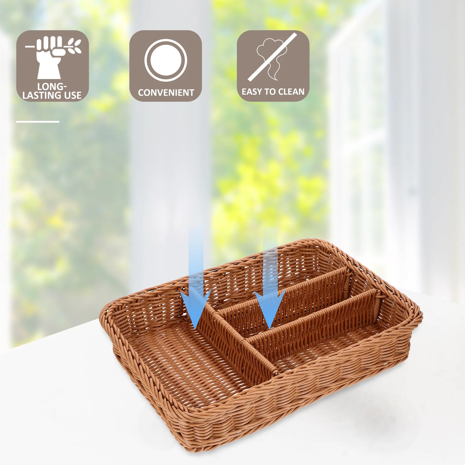 

Imitation Woven Mesh Cutlery Storage Basket 4 Compartments Kitchen Fork Spoon Organizer Rattan Tray Washable