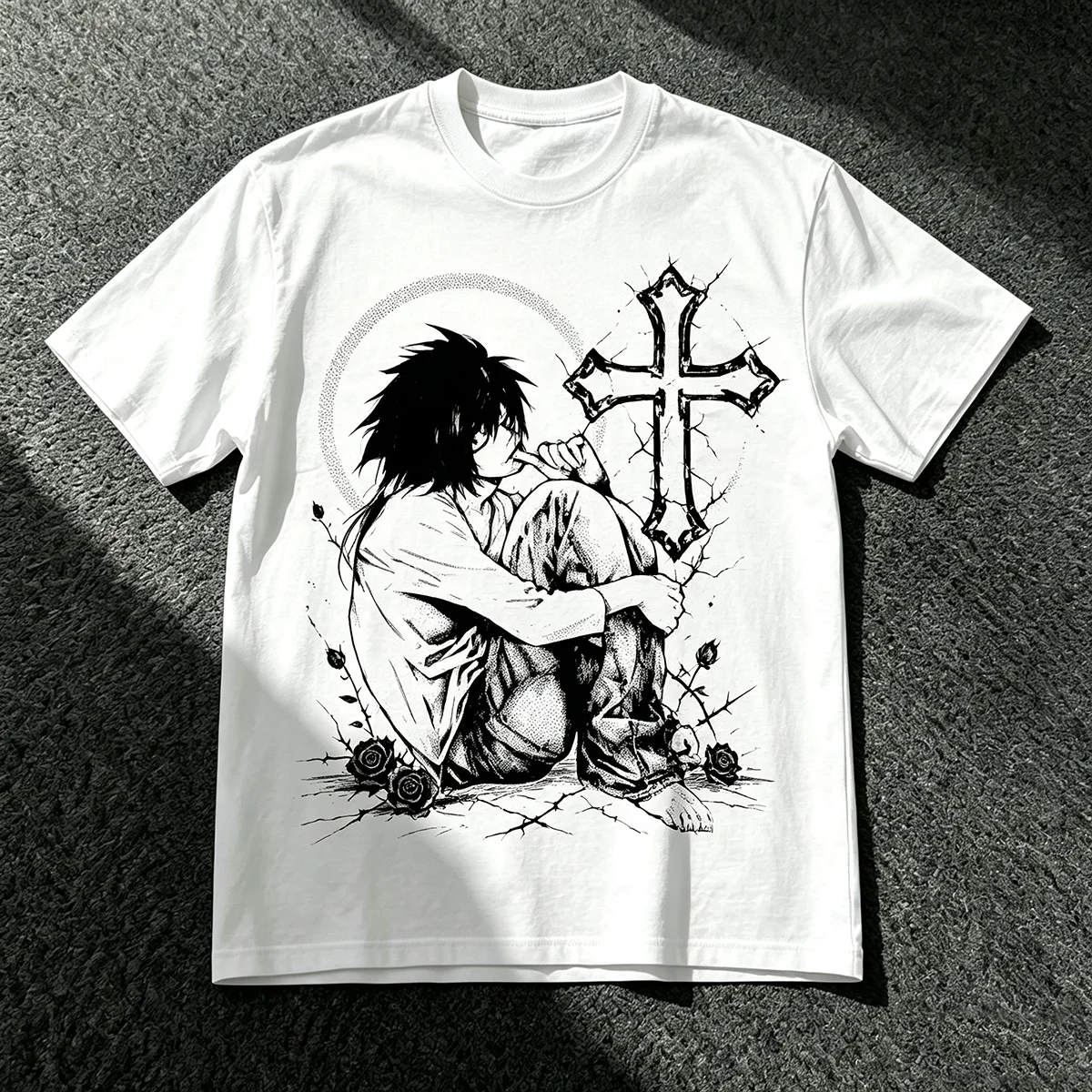 Emo Anime Boy With Cross Rose T‑Shirt Gothic Dark Anime Aesthetic Grunge Alt Streetwear Y2K Emo Style Unisex Cotton Short Sleeve Tops for Men Women