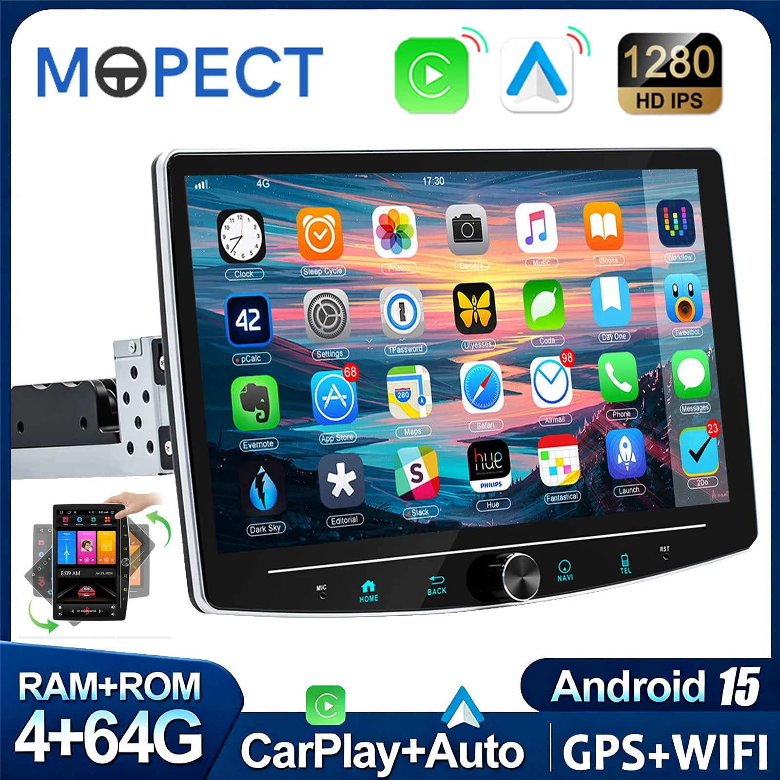 MOPECT DAB+ 10.1" 4+64G Autoradio 1 Din Girevole con Carplay Android 15, Lettore MP5, GPS, Navigazione Wireless e Schermo Touch