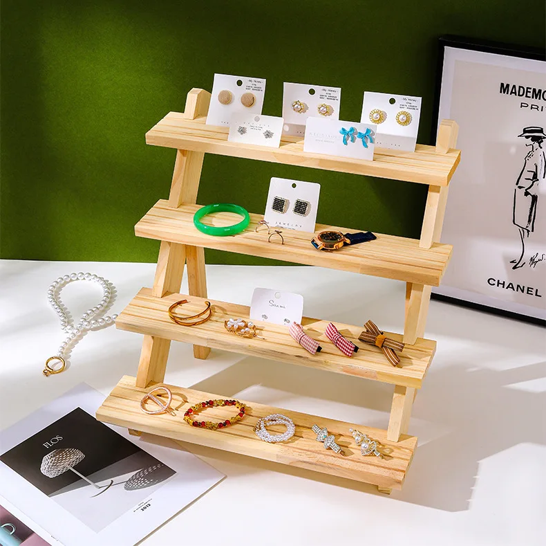 2-4 Tier Ear Stud Holder Wooden Jewelry Earring Dispaly Stand Shelf Cupcake Makeup Mini Figure Organizer Showcase Rack Riser