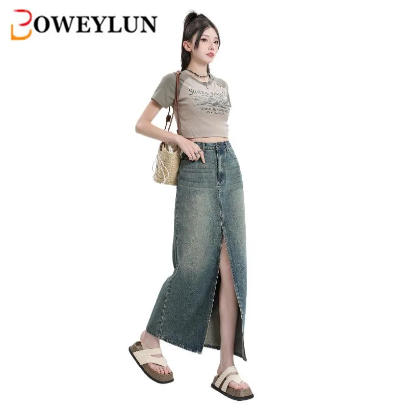 Boweylun High-waisted Do Old Split Denim Half-body Skirt Women Spring and Summer Loose A-line Skirt Girls