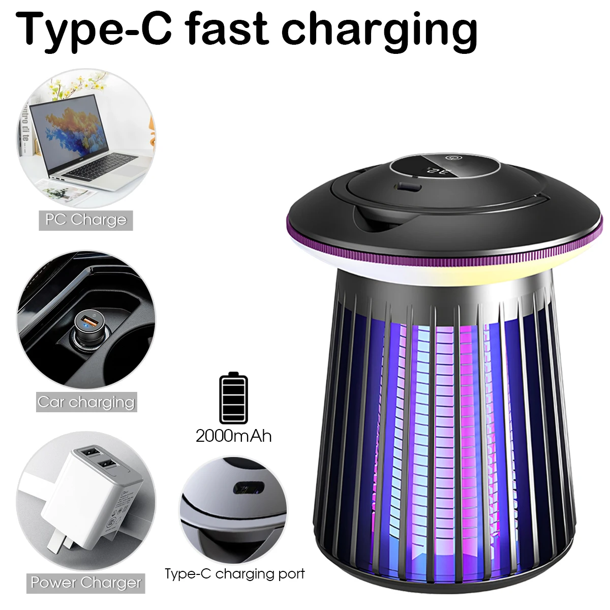 Mosquito Killer Lamp 2000mAh USB Rechargeable 3-Level Bug Light Ambiance Night Light 2-in-1 Hangable Desktop Zapper for Home image 4