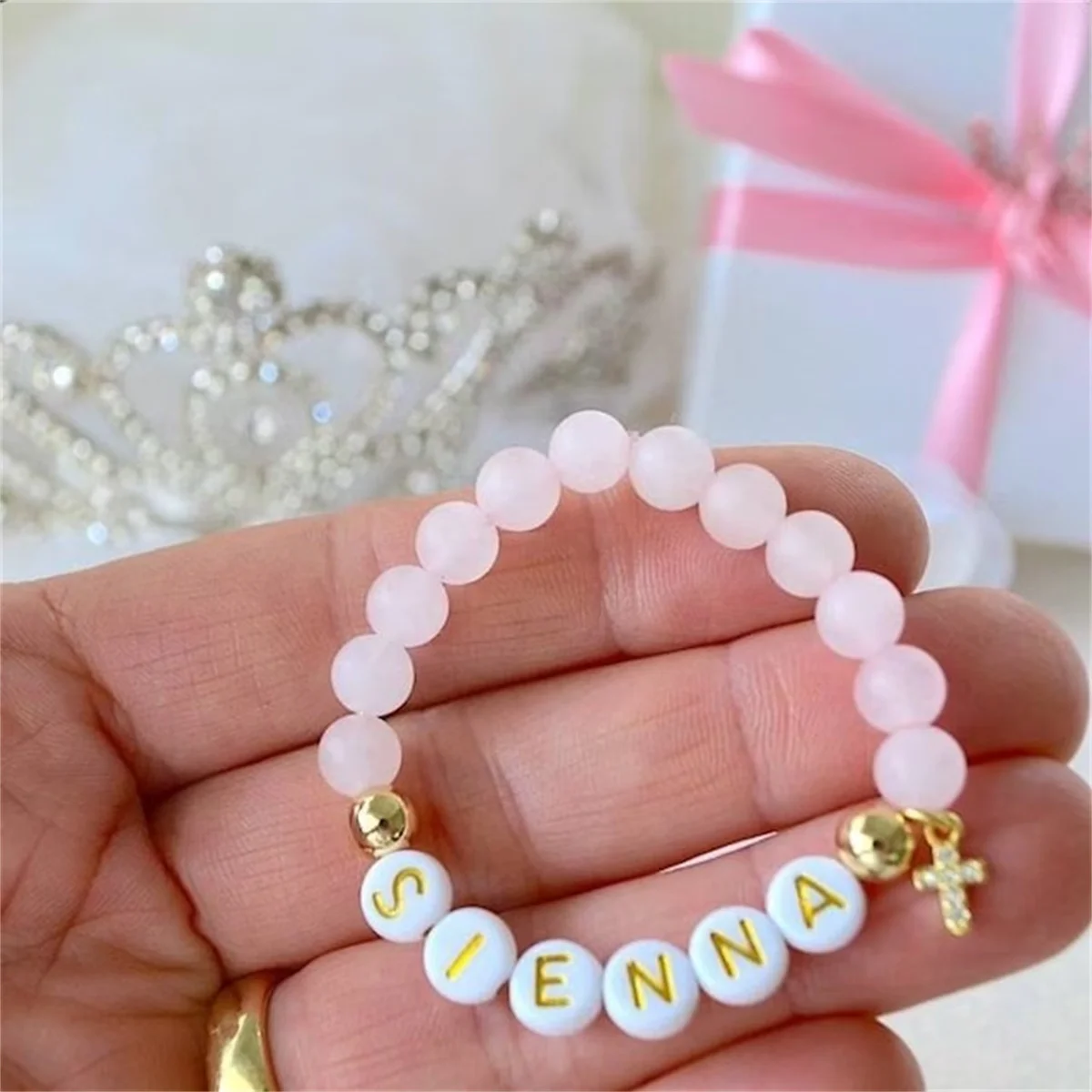 Pulsera con Cruz de Oro de 18k para niña, brazalete de cuarzo rosa para bebé, joyería personalizada para bebé, regalo de bautismo, Baby Shower, regalo de bautizo