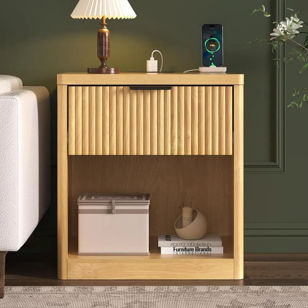 

22-Inch Luted Nightstand with Charging Station, Dual USB Ports & AC Outlets, Wooden Table for Bedroom, Open Storage, Curved Prof