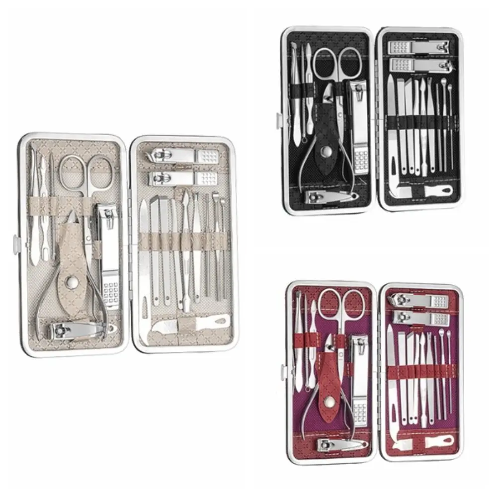 19 sztuk przenośny zestaw obcinacz do paznokci ze stali nierdzewnej przycinanie stóp zestawy do Manicure urody domowy skórzany rękaw narzędzie do szlifowania paznokci prezent