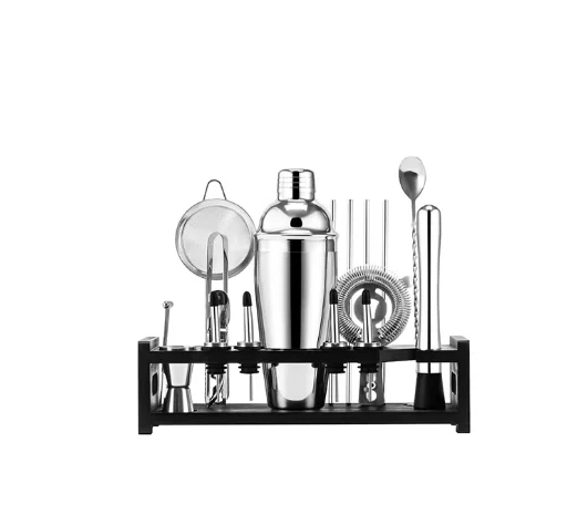 Three-Piece Cocktail Shaker Set (11 Pieces) 304 Stainless Steel Jazz Black Shaker Cup Shaker Cup with 304 Wooden Stand for Home