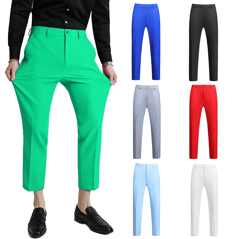 Micro-elasticity Men Dress Pants Solid Color Slim Fit Office Wedding Formal Cropped Pants High Quality Men Clothing Suit Pants