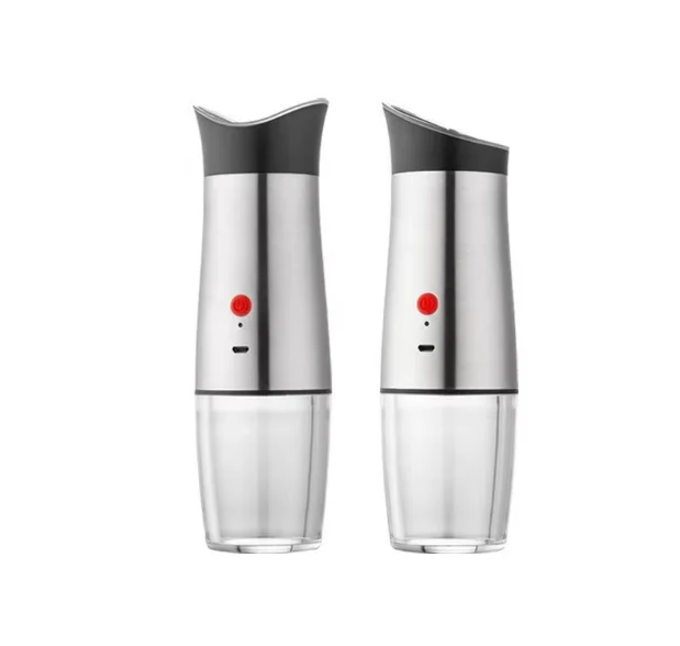 USB Rechargeable Silver Electric Salt and Pepper Grinder Set with LED Light, Automatic Gravity Sensitive Spice Electric Pepper