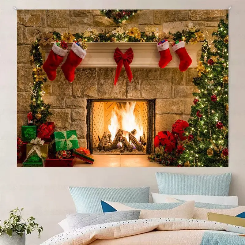 VIKAMA Wall Tapestry Christmas Stone Fireplace Socks Gifts Tree Winter Holiday Wall Hanging Home Decor Living Room Bedroom Soft