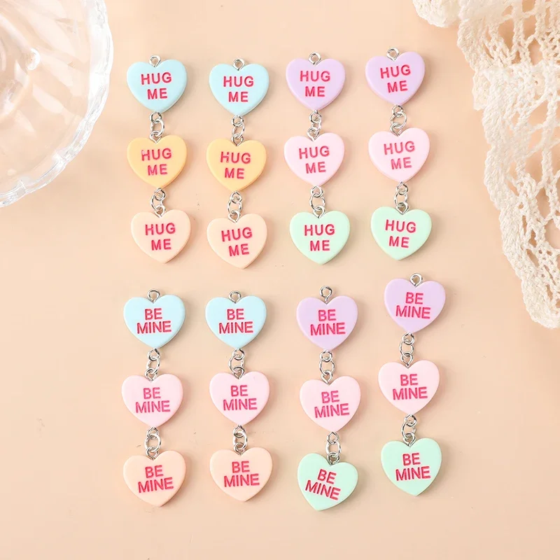 4 Pcs Valentine Cute Flatback Resin HUG ME BE MINE Heart Pendant For Earrings Necklace Diy Accessories