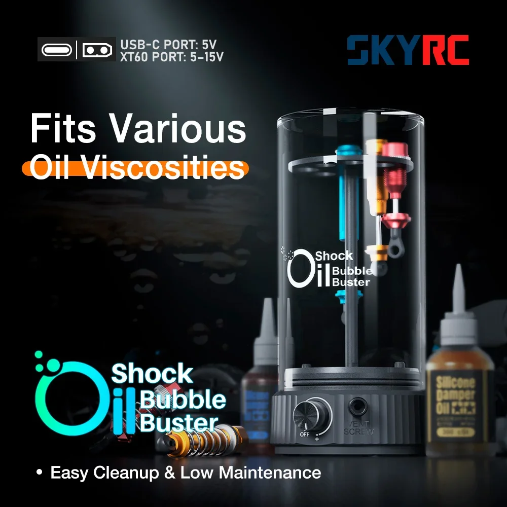 SkyRC Shock Oil Bubble Buster Vacuum Shock Defoamer with XT60 & USB-C Shock Holder for RC Crawler & Offroad Vehicles