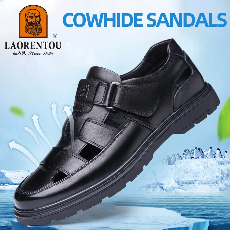 LAORENTOU leather sandals, men\'s breathable hollow hole shoes, toe wrapped cowhide, anti slip and wear-resistant casual shoes