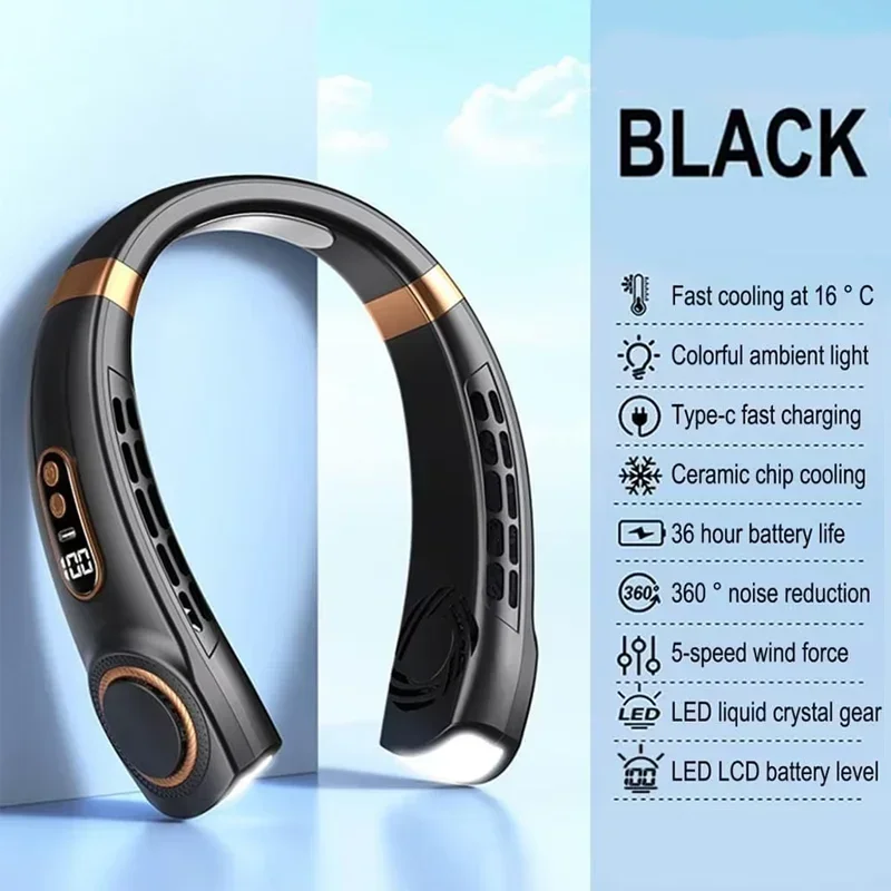

LED Display 5-Speed Portable Neck Halter Fan Typc Charging Handheld Silent Multi-function Lighting Bladeless Mini Electric Fan