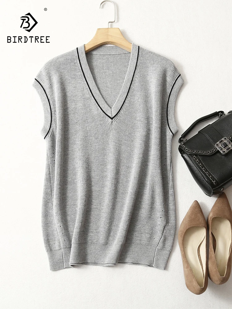 

BirdTree 63.9% шелк 10.2% кашемир вязаный жилет, Женская смесь свободный v-образный вырез, темперамент пригородный свитер, 2024 Весна T41877QC