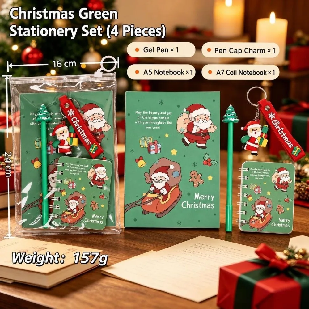 4Pcs/Set Santa Claus Christmas Stationery Set Christmas Keychain Christmas Theme Christmas Coil Notebook Kids School Supplies