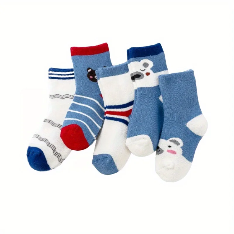5 Pairs Thick Terry Winter Kids Socks Cute Bear Pattern Warm Thermal Cotton Boys Mid‑Calf Socks